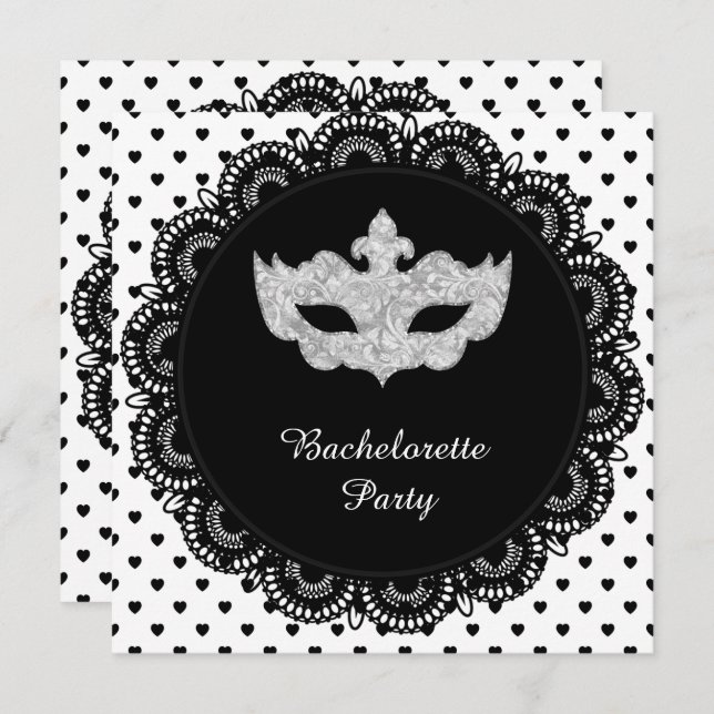 CONVITE FESTA DE MASCARADA BACHELORETTE DE CORAÇÃO BRANCA  (Frente/Verso)