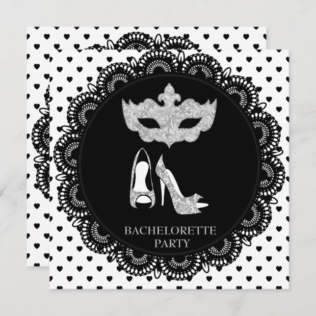 CONVITE FESTA DE MASCARADA BACHELORETTE DE CORAÇÃO BRANCA  (Frente/Verso)