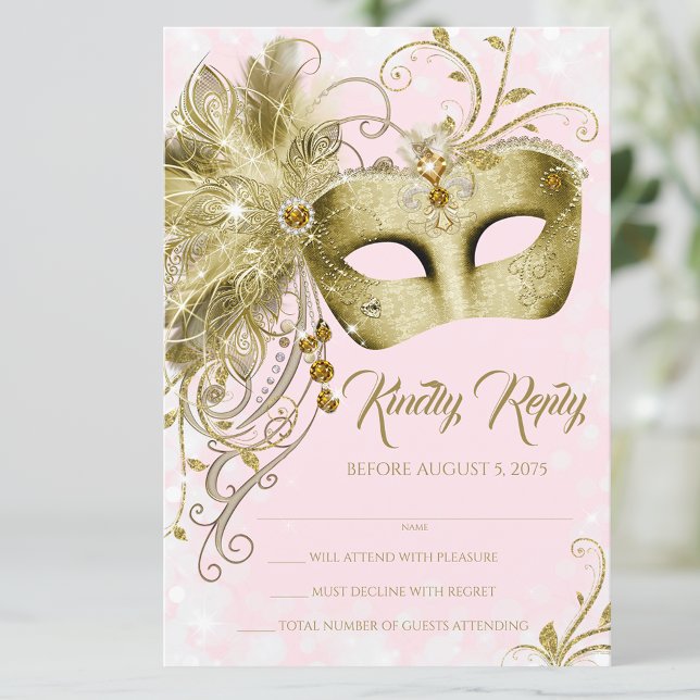 Convite Festa de Mascarada brilhante Dourada rosa (Pretty pink gold masquerade party RSVP. You can change the text.)