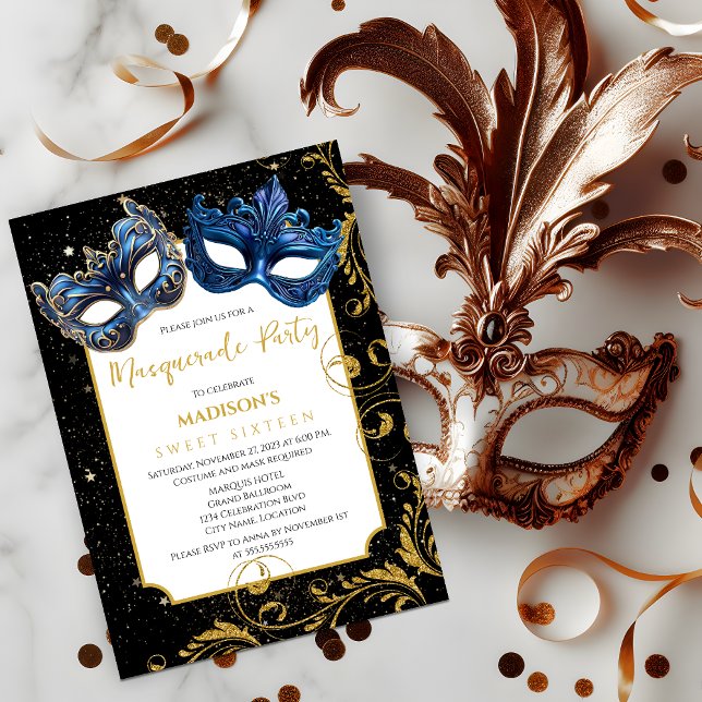 Convite Festa de Mascarada de aniversário azul Dourada (Celebrate a birthday with an elegant masquerade ball by inviting your guests with this invitation.)