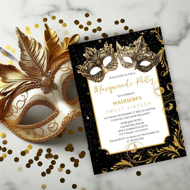 Convite Festa de Mascarada de aniversário Dourada (Celebrate sweet 16 or other birthday age by inviting your guests with this elegant masquerade invite)