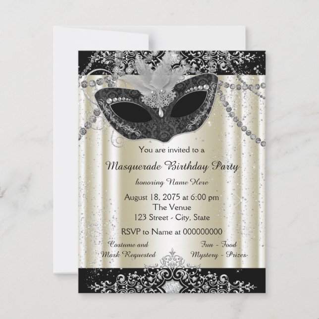 Convite Festa de Mascarada de marfim e pérolas negras (Frente)