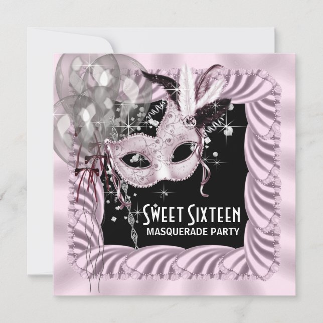 Convite Festa de Mascarada do Sweet 16 Preto Rosa (Frente)