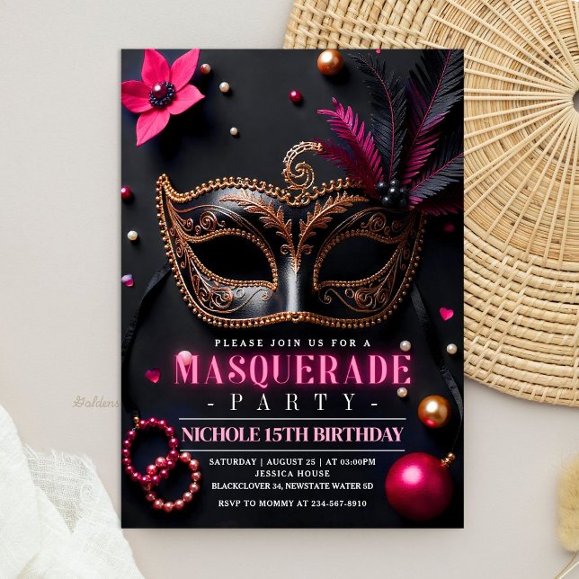Convite Festa de Mascarada Elegante Preto Rosa (Masquerade Elegant Black Pink Party Invitation)