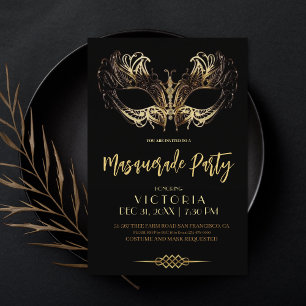 Convite Festa de Mascarada Luxo Preto Dourado Aniversário