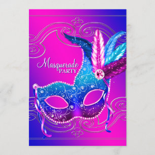 Convite Festa de Mascarada roxo rosa a quente