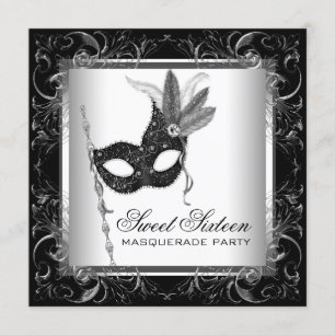 Convite Festa de Mascarada Sweet 16 Preto Prata Branco