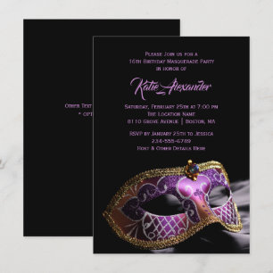 Convite Festa de Mascarada Sweet 16 Roxo Preto Elegante