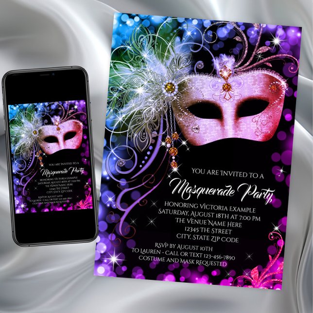 Convite Festa de Máscaras Arco-Íris Azul Turquesa Roxo (Rainbow masquerade party invitation with jewel mask on rainbow back. Any event masquerade party.)