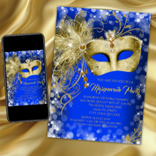 Convite Festa de Máscaras Azul Real Dourado Glitter Luxuos