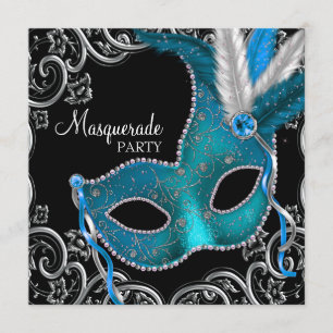 Convite Festa de Máscaras Azul Turquesa e Preto