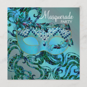 Convite Festa de Máscaras Azul Turquesa Elegantes Ondulaçõ