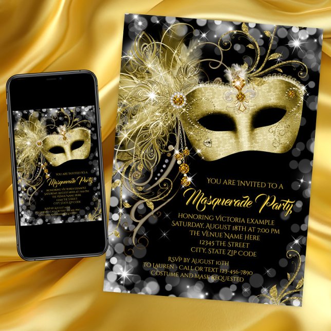 Convite Festa de Máscaras Brilhante em Ouro Preto (Elegant black and gold masquerade party invitation with gold jewel mask. Instant download and print.)