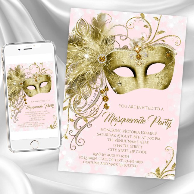 Convite Festa de Máscaras com Brilho de Ouro Rosa (Pink gold masquerade party invitation. Instant download and printed invitations available. )