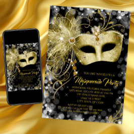 Convite Festa de Máscaras com Brilho Dourado Preto Chique