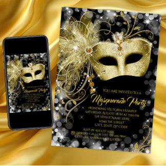 Convite Festa de Máscaras com Brilho Dourado Preto Chique