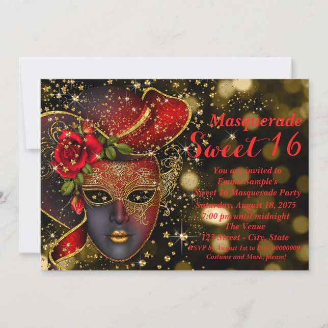 Convite Festa de Máscaras com Brilho Vermelho e Dourado (Frente)