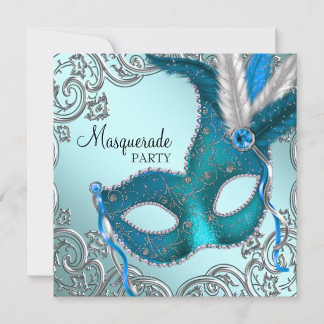 Convite Festa de Máscaras com Máscara Azul Turquesa e Prat (Frente)