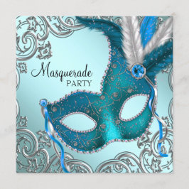 Convite Festa de Máscaras com Máscara Azul Turquesa e Prat