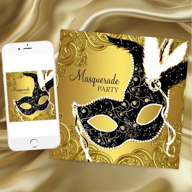 Convite Festa de Máscaras com Máscara Preta e Dourada (Any occasion masquerade party invitation. Instant download and printed invitations available.)