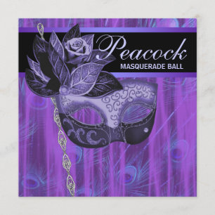 Convite Festa de Máscaras com Penas de Pavão Roxo