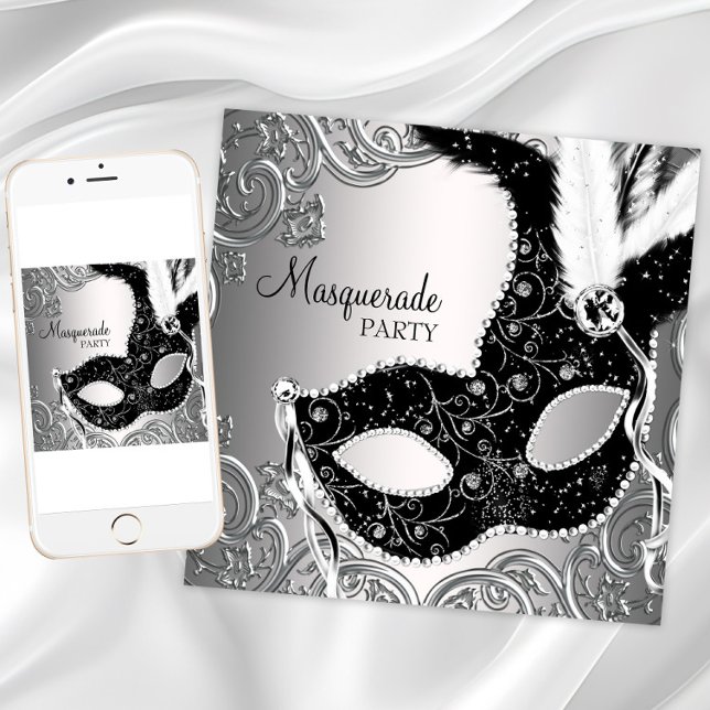 Convite Festa de Máscaras de Mascarada Prata Preto (Pretty masquerade party invitation for any occasion. Download and printed invitations available.)