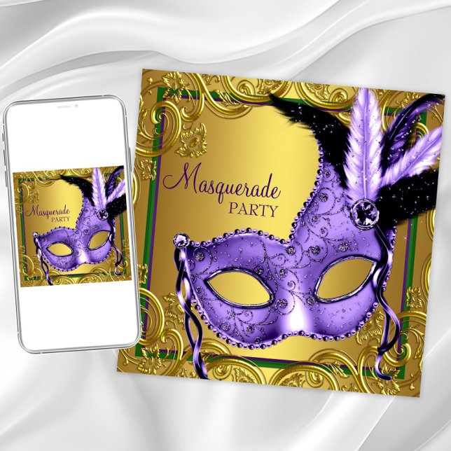 Convite Festa de Máscaras do Carnaval Roxo Verde Dourado (Any occasion masquerade party invitation. Perfect for Mardi Gras theme prom or party.)