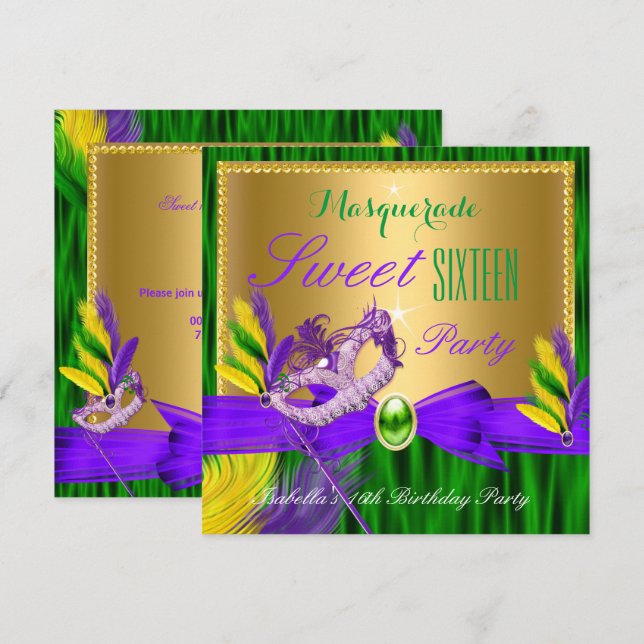 Convite Festa de Máscaras Doce 16 Roxo Verde Dourado (Frente/Verso)