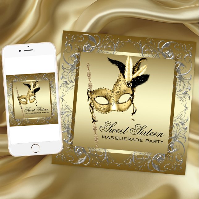 Convite Festa de Máscaras Dourada e Preta (Any occasion masquerade party invitation. Add your text. Download and printed invitations available.)