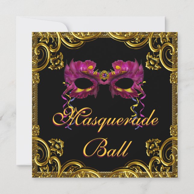Convite Festa de Máscaras Dourada Negra (Frente)