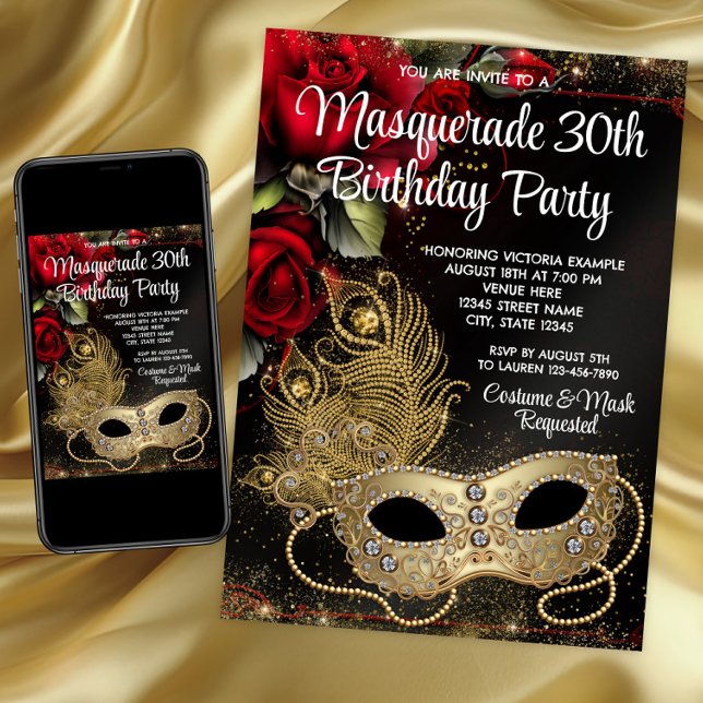 Convite Festa de Máscaras Dourada Vermelha (Red Gold Masquerade Party Invitation. Masquerade any number invitation and event. Digital and print.)