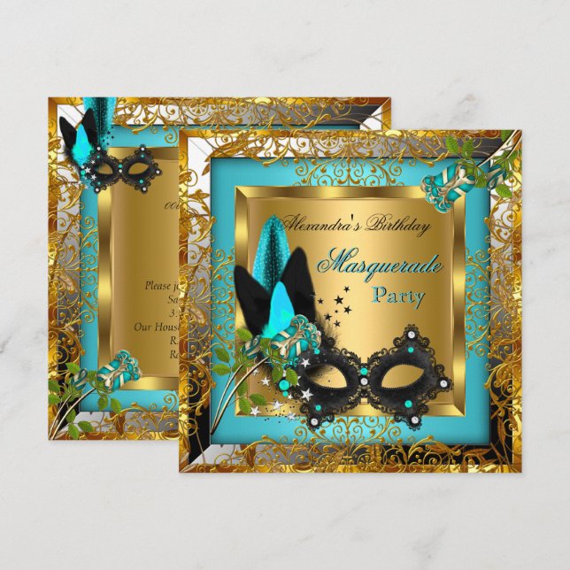 Convite Festa de Máscaras Dourado Azul Turquesa Máscara Pr (Frente/Verso)