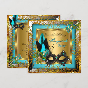 Convite Festa de Máscaras Dourado Azul Turquesa Máscara Pr
