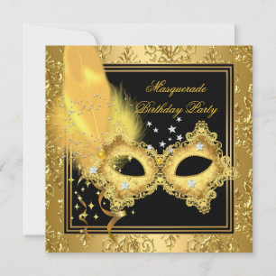 Convite Festa de Máscaras Dourado Damasco Preto Amarelo Má