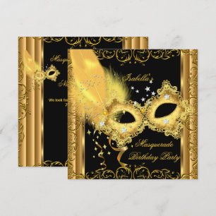 Convite Festa de Máscaras Dourado Preto Amarelo Máscara