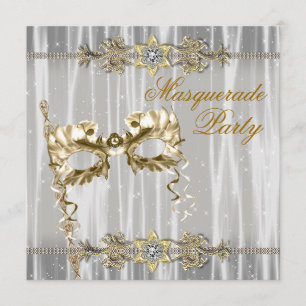 Convite Festa de Máscaras Dourado Preto Branco
