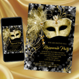 Convite Festa de Máscaras Elegante Preto Dourado Brilho