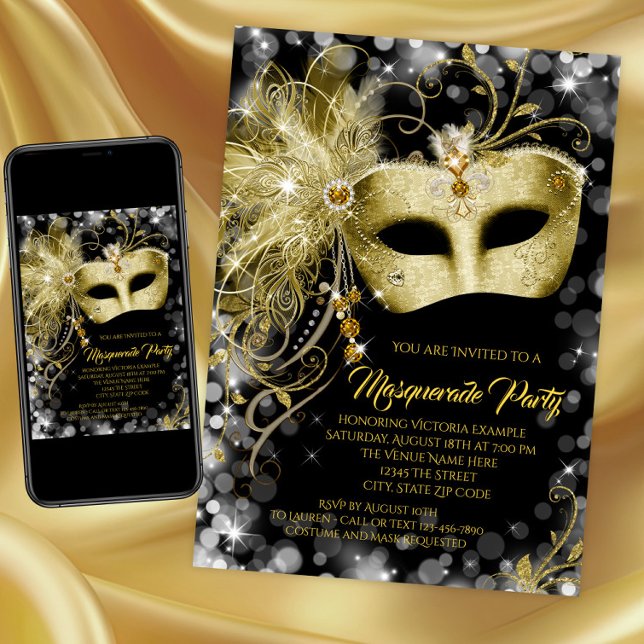 Convite Festa de Máscaras Elegante Preto e Dourado Brilhan (Black and gold masquerade party invitation with jewel gold mask. Print and download available.)