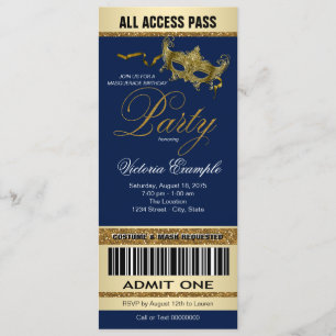 Convite Festa de Máscaras Estilo Bilhete Azul Royal Dourad