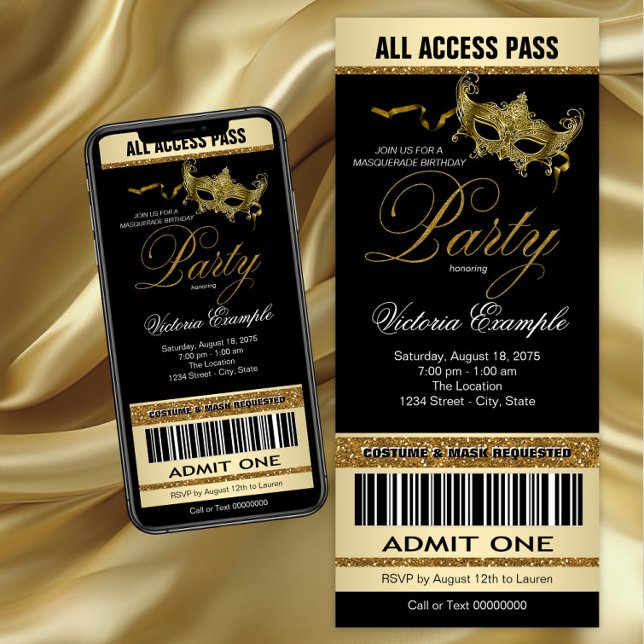 Convite Festa de Máscaras Estilo Ingresso Ouro Preto (Black gold masquerade party invitation. Instant download and printed invitations available.)