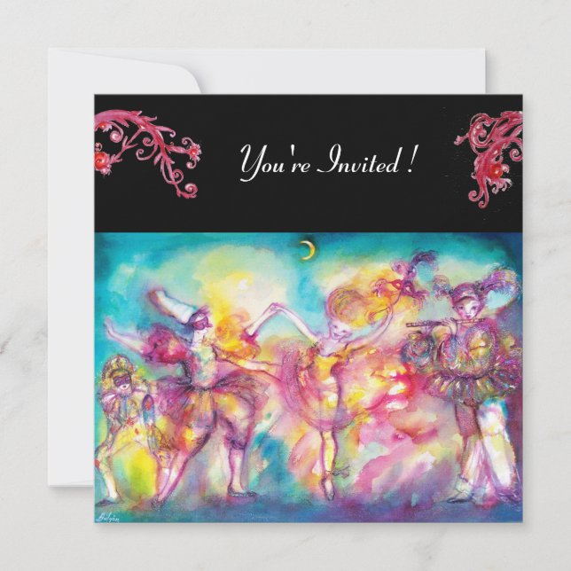 Convite FESTA DE MÁSCARAS,floreios vermelhos (Frente)