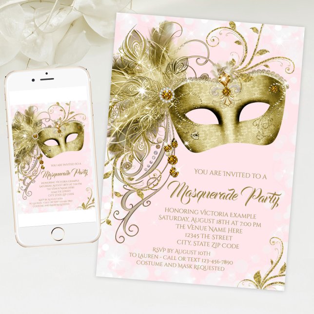 Convite Festa de Máscaras Glamurosa Rosa Dourado (Pink and gold masquerade party invitation with elegant gold jewel mask. For download and print.)