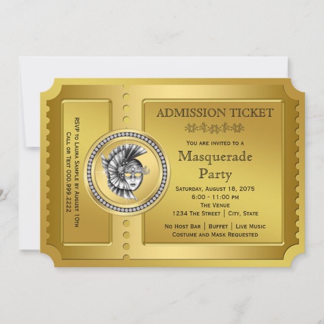 Convite Festa de Máscaras Golden Ticket Gold (Frente)