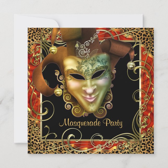 Convite Festa de Máscaras Laranja Preto Dourado Leopardo (Frente)