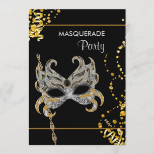 Convite Festa de Máscaras Mardi Gras Dourado Prata