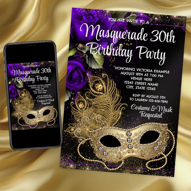 Convite Festa de Máscaras Ouro Roxo (Purple and gold masquerade party and event invitation. Any number birthday. Download and printed.)