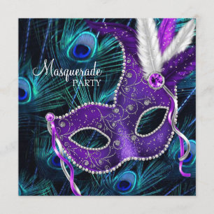 Convite Festa de Máscaras Pavão Azul Turquesa Roxo