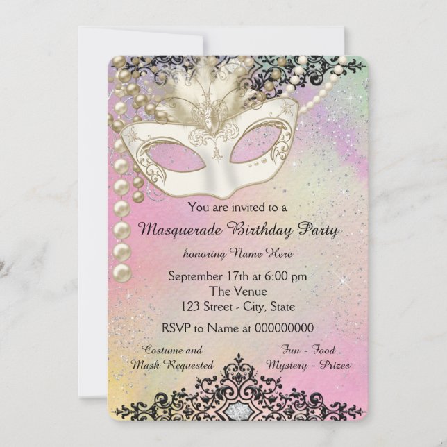 Convite Festa de Máscaras Pérola Aquarela (Frente)