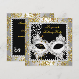 Convite Festa de Máscaras Prata Dourado Damask Máscara Pre