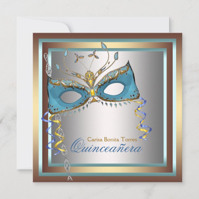 Convite Festa de Máscaras Prata Dourado Turquesa (Frente)